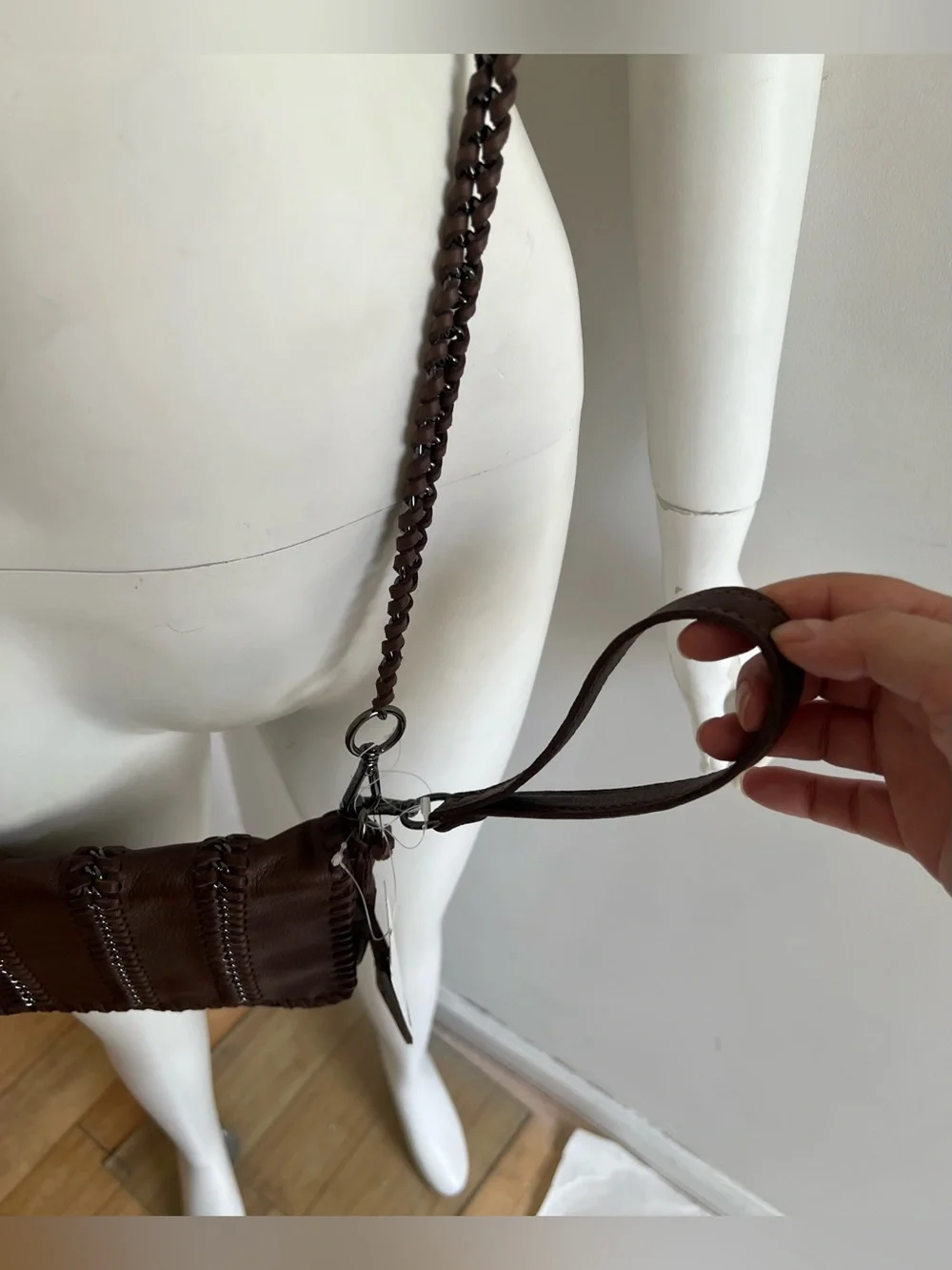 NWT $275 Linea Pelle Soft Brown Leather Whipstitch Chain Crossbody Bag Wristlet